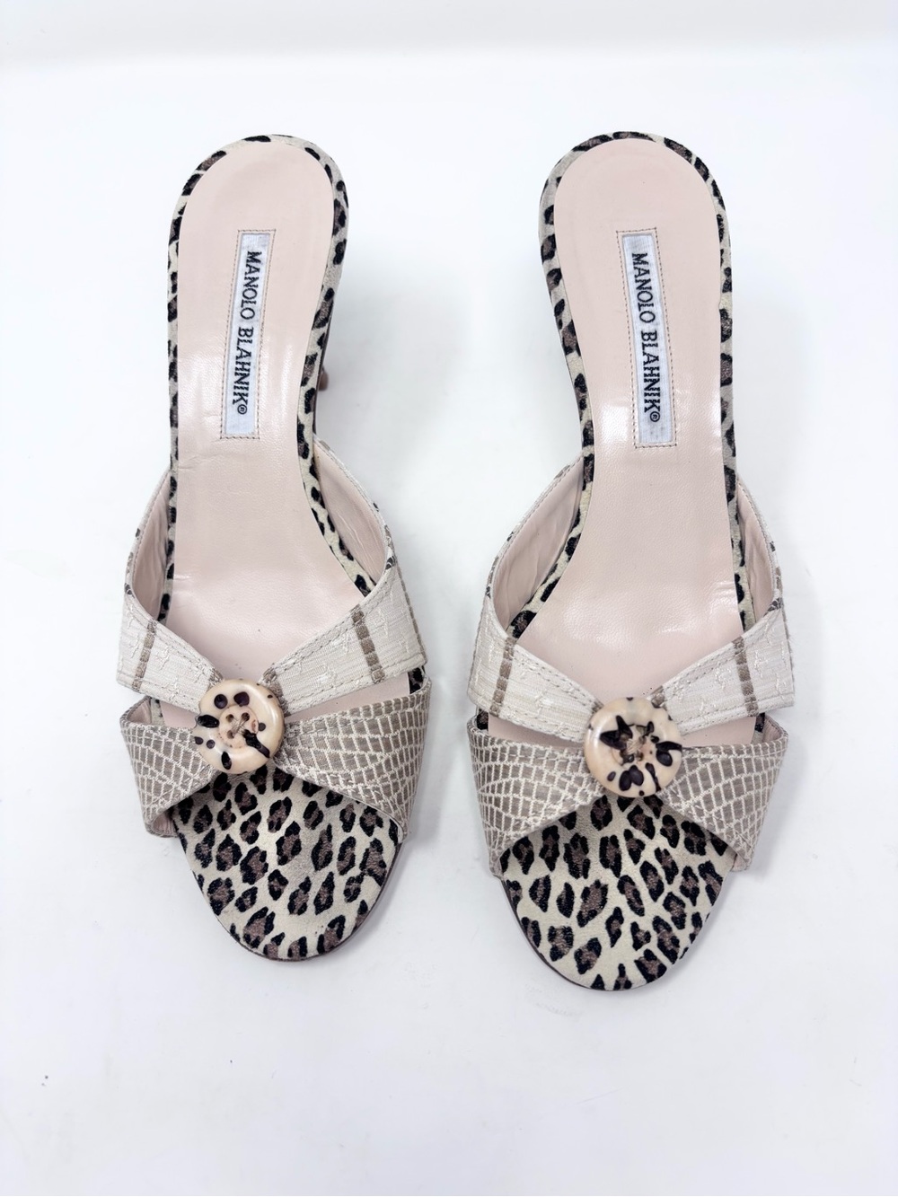 Manolo Blahnik Vintage Mixed Media Print Mule Heel Button Detail Straps size 39